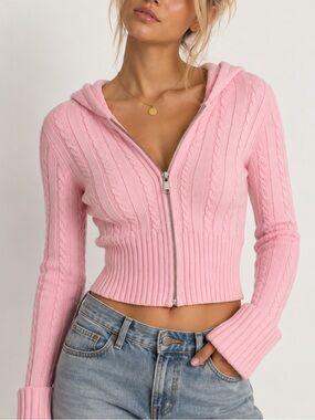 Vine and Valley Pink Cable Knit Zip Up Hoodie Y2K Coquette Small
